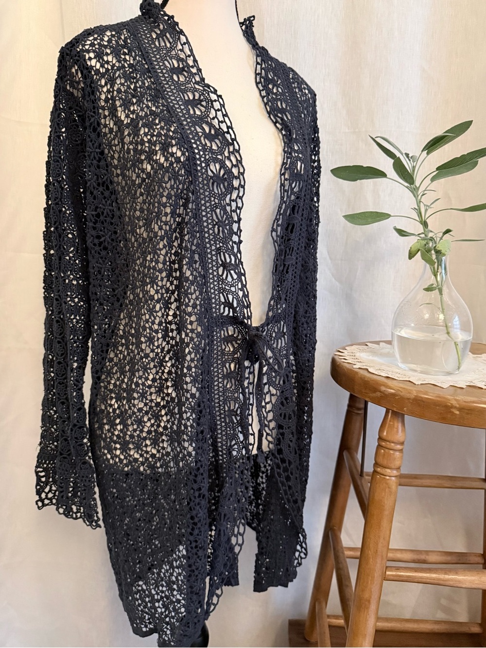 Johnny Was Crochet Lace Duster Cardigan S Midnight Navy Cotton Tie Front Boho